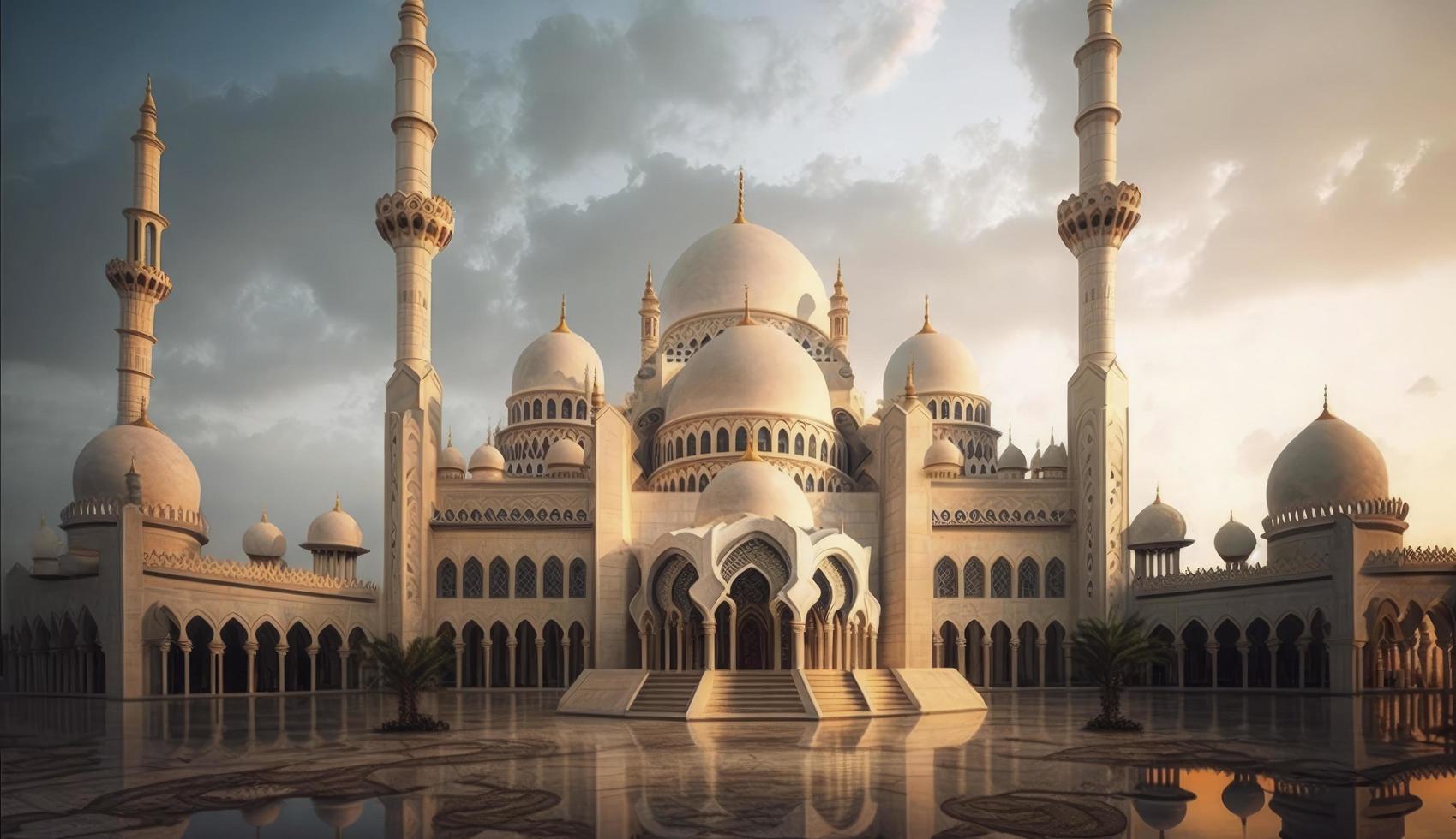 illustration av Fantastisk arkitektur design av muslim moské ramadan kareem, islamic arkitektur bakgrund ramadan kareem, islamic moské, ramdan, ramzan, eid, kultur, arab, generera ai foto