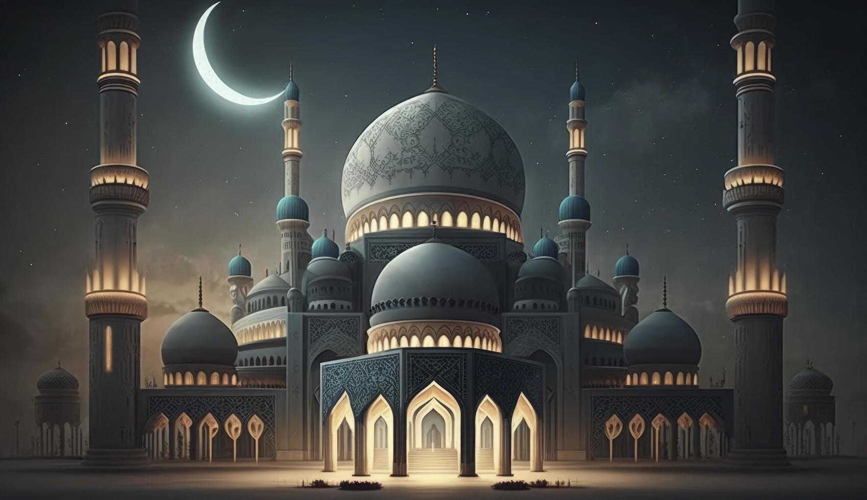 illustration av Fantastisk arkitektur design av muslim moské ramadan kareem, islamic arkitektur bakgrund ramadan kareem, islamic moské, ramdan, ramzan, eid, kultur, arab, generera ai foto