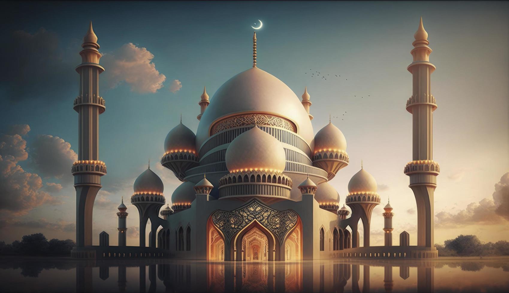 illustration av Fantastisk arkitektur design av muslim moské ramadan kareem, islamic arkitektur bakgrund ramadan kareem, islamic moské, ramdan, ramzan, eid, kultur, arab, generera ai foto