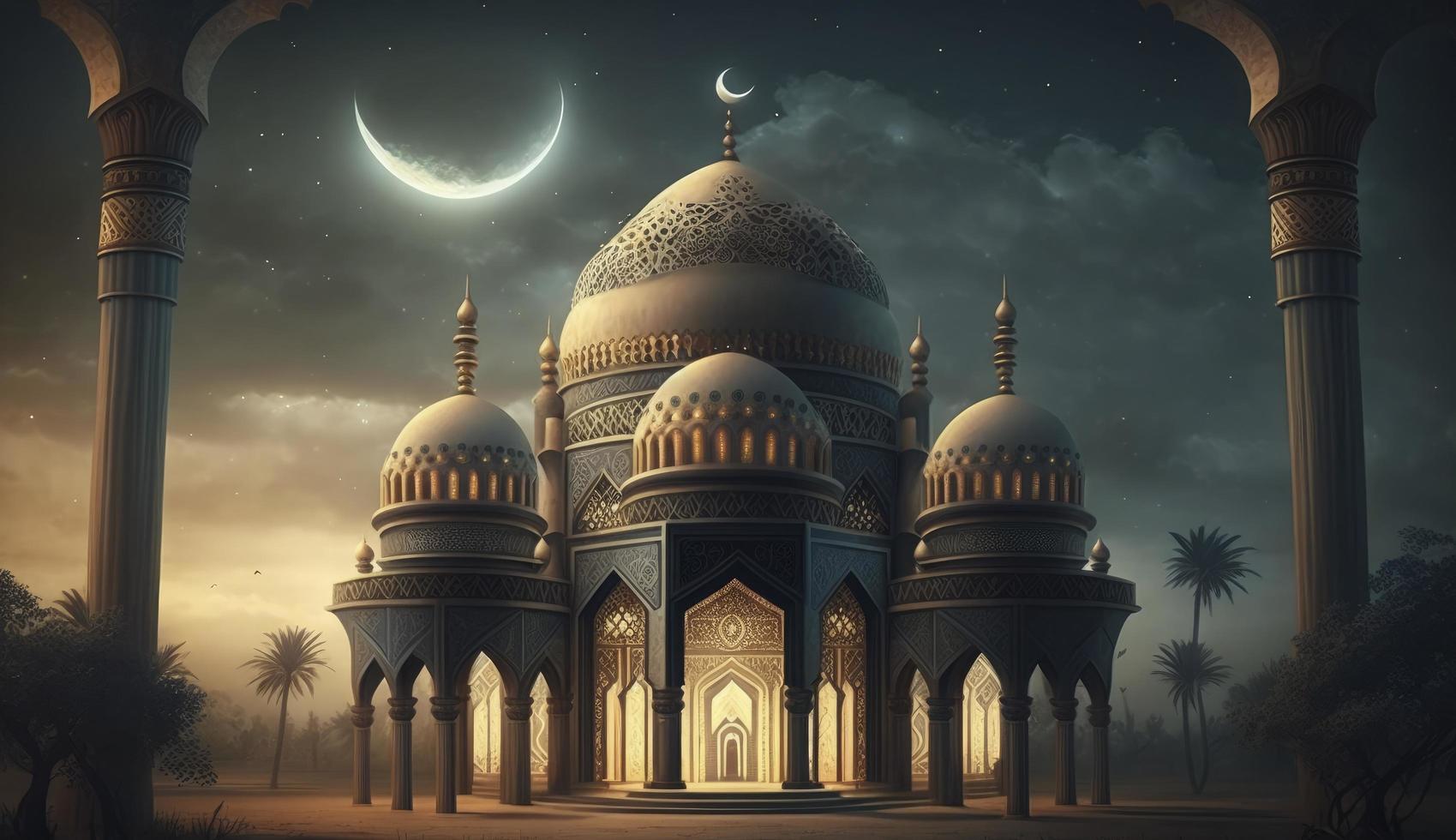 illustration av Fantastisk arkitektur design av muslim moské ramadan kareem, islamic arkitektur bakgrund ramadan kareem, islamic moské, ramdan, ramzan, eid, kultur, arab, generera ai foto