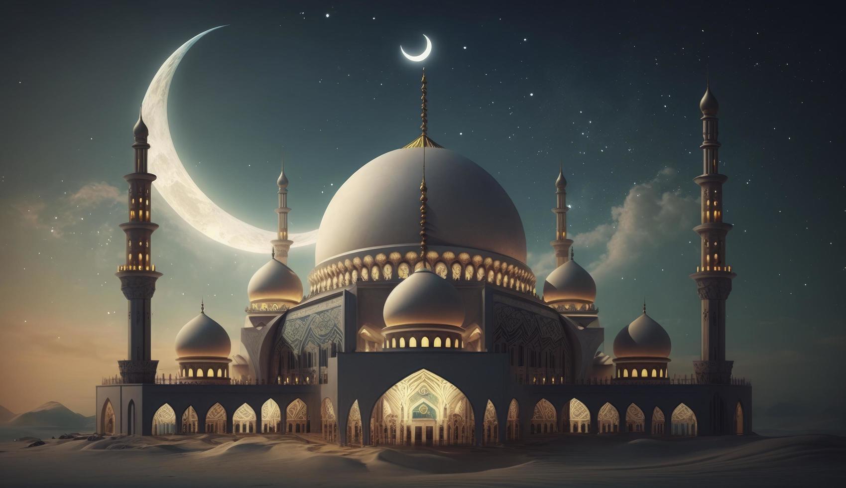 illustration av Fantastisk arkitektur design av muslim moské ramadan kareem, islamic arkitektur bakgrund ramadan kareem, islamic moské, ramdan, ramzan, eid, kultur, arab, generera ai foto