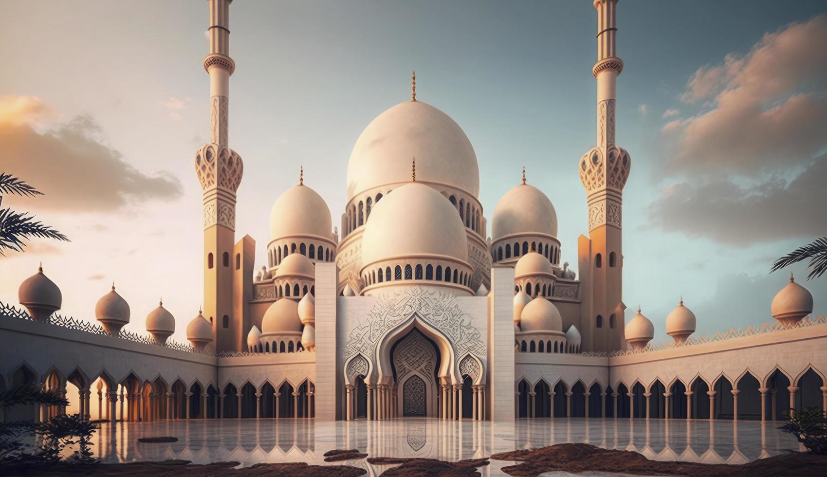 illustration av Fantastisk arkitektur design av muslim moské ramadan kareem, islamic arkitektur bakgrund ramadan kareem, islamic moské, ramdan, ramzan, eid, kultur, arab, generera ai foto