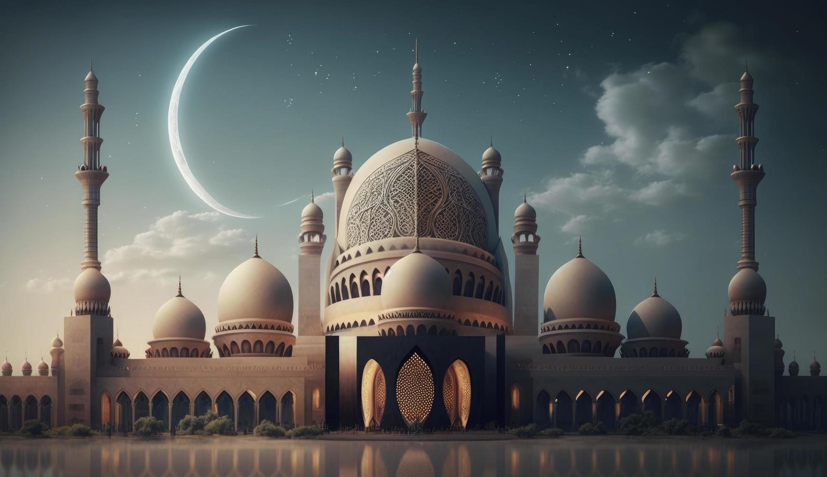 illustration av Fantastisk arkitektur design av muslim moské ramadan kareem, islamic arkitektur bakgrund ramadan kareem, islamic moské, ramdan, ramzan, eid, kultur, arab, generera ai foto