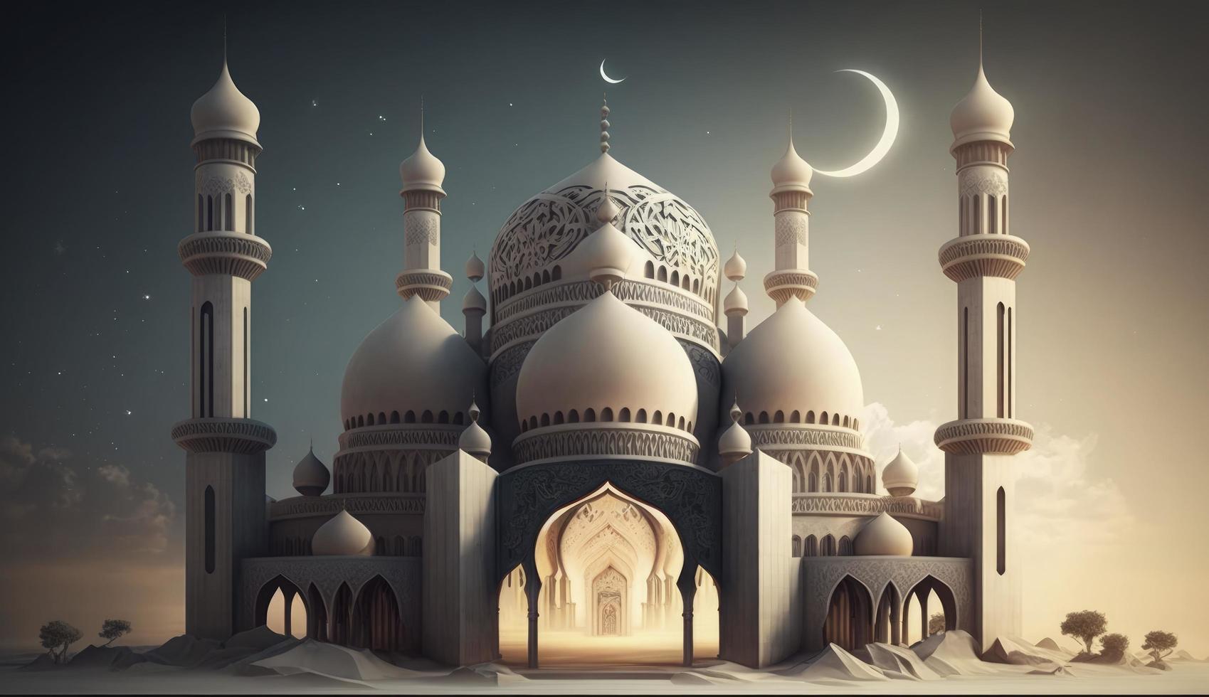 illustration av Fantastisk arkitektur design av muslim moské ramadan kareem, islamic arkitektur bakgrund ramadan kareem, islamic moské, ramdan, ramzan, eid, kultur, arab, generera ai foto