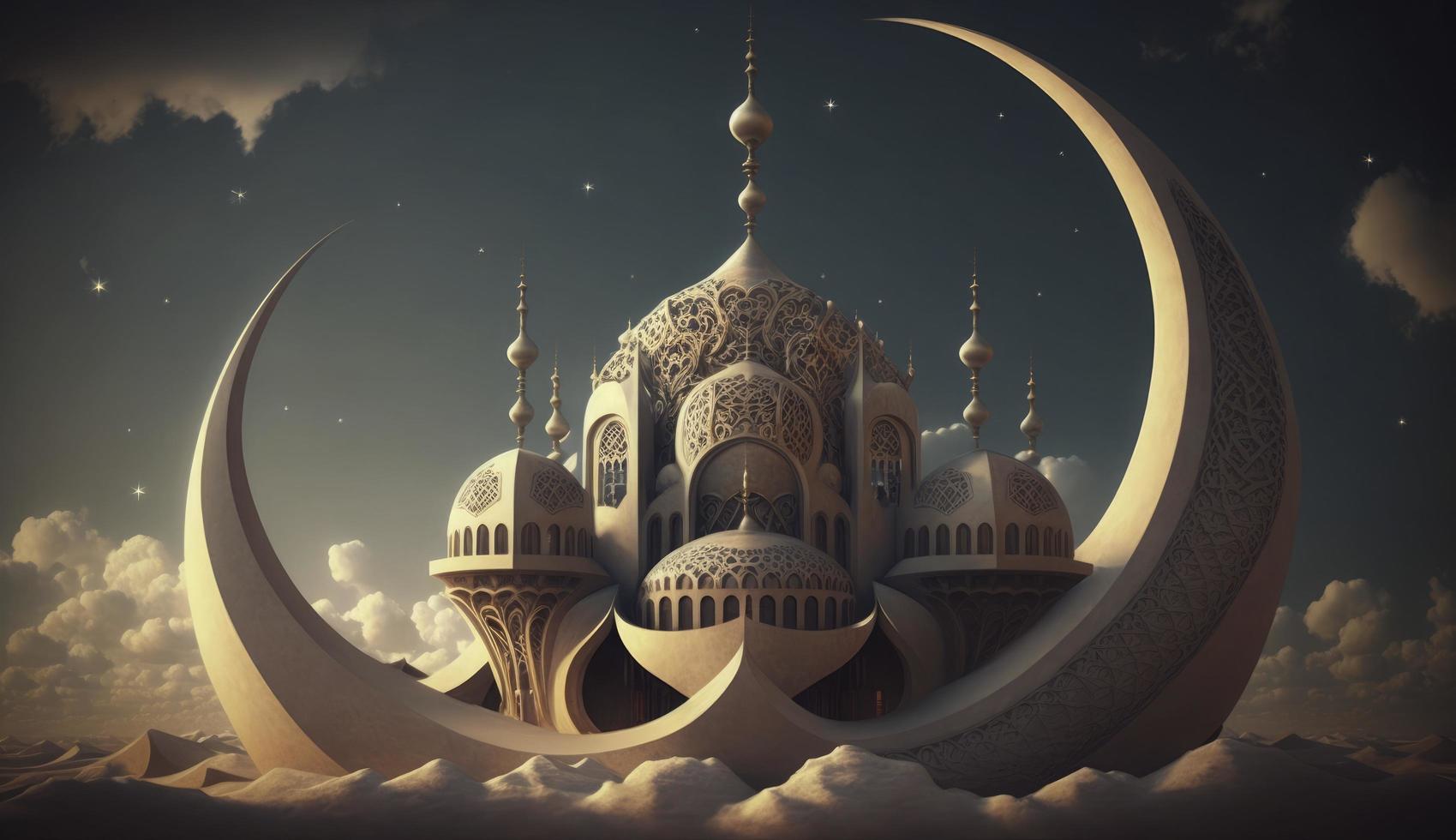 illustration av Fantastisk arkitektur design av muslim moské ramadan kareem, islamic arkitektur bakgrund ramadan kareem, islamic moské, ramdan, ramzan, eid, kultur, arab, generera ai foto