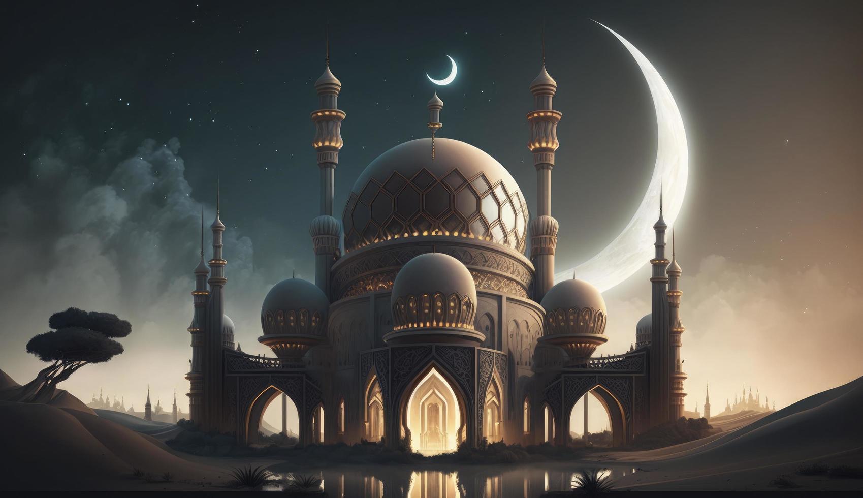 illustration av Fantastisk arkitektur design av muslim moské ramadan kareem, islamic arkitektur bakgrund ramadan kareem, islamic moské, ramdan, ramzan, eid, kultur, arab, generera ai foto