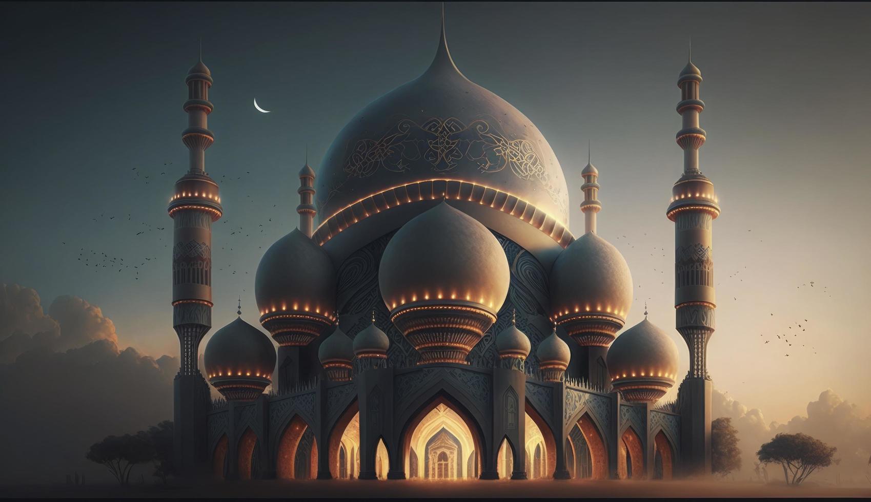 illustration av Fantastisk arkitektur design av muslim moské ramadan kareem, islamic arkitektur bakgrund ramadan kareem, islamic moské, ramdan, ramzan, eid, kultur, arab, generera ai foto