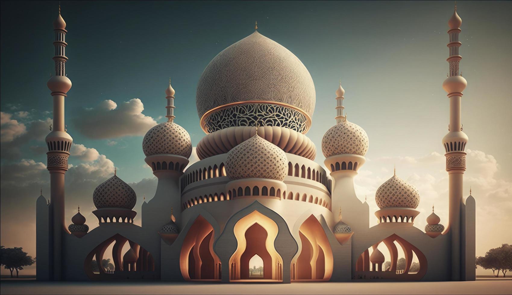 illustration av Fantastisk arkitektur design av muslim moské ramadan kareem, islamic arkitektur bakgrund ramadan kareem, islamic moské, ramdan, ramzan, eid, kultur, arab, generera ai foto