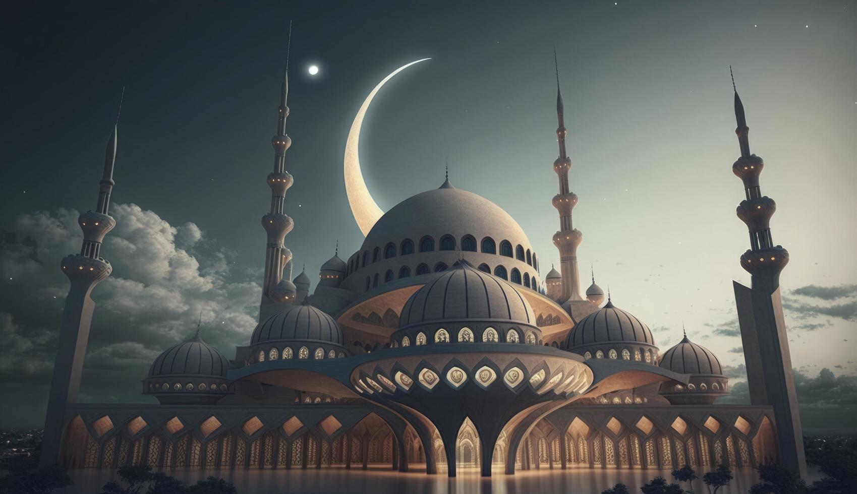 illustration av Fantastisk arkitektur design av muslim moské ramadan kareem, islamic arkitektur bakgrund ramadan kareem, islamic moské, ramdan, ramzan, eid, kultur, arab, generera ai foto