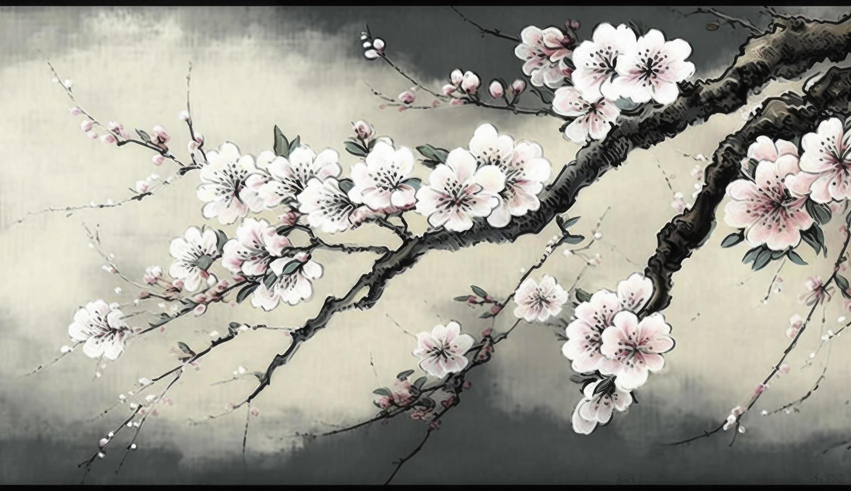 kinesisk landskap målning körsbär blomma skriva ut konst, japansk målning körsbär blomma, bläck vinter- ljuv, illustration, vattenfärg målning, kinesisk kultur, vattenfärg målar, generera ai foto