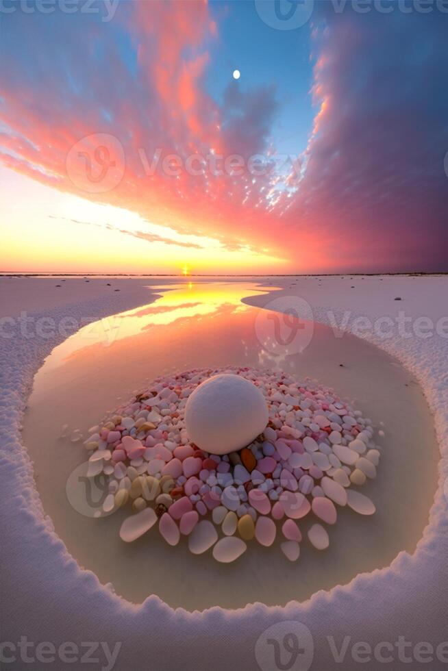 vit ägg Sammanträde på topp av en sandig strand. generativ ai. foto