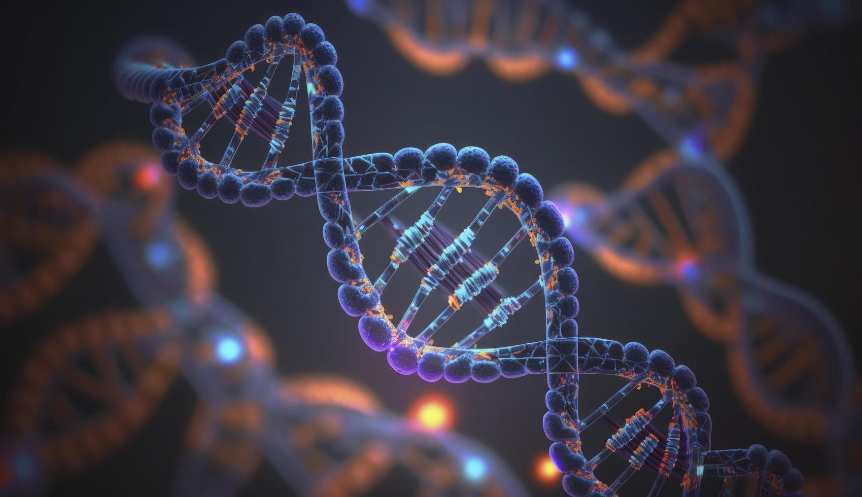 blå kromosom dna och gradvis lysande flimmer ljus materia kemisk när kamera rör på sig närbild. medicinsk och ärftlighet genetisk hälsa begrepp. teknologi vetenskap. 3d tolkning, generera ai foto