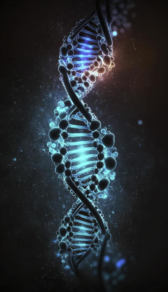 blå kromosom dna och gradvis lysande flimmer ljus materia kemisk när kamera rör på sig närbild. medicinsk och ärftlighet genetisk hälsa begrepp. teknologi vetenskap. 3d tolkning, generera ai foto