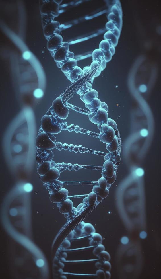 blå kromosom dna och gradvis lysande flimmer ljus materia kemisk när kamera rör på sig närbild. medicinsk och ärftlighet genetisk hälsa begrepp. teknologi vetenskap. 3d tolkning, generera ai foto