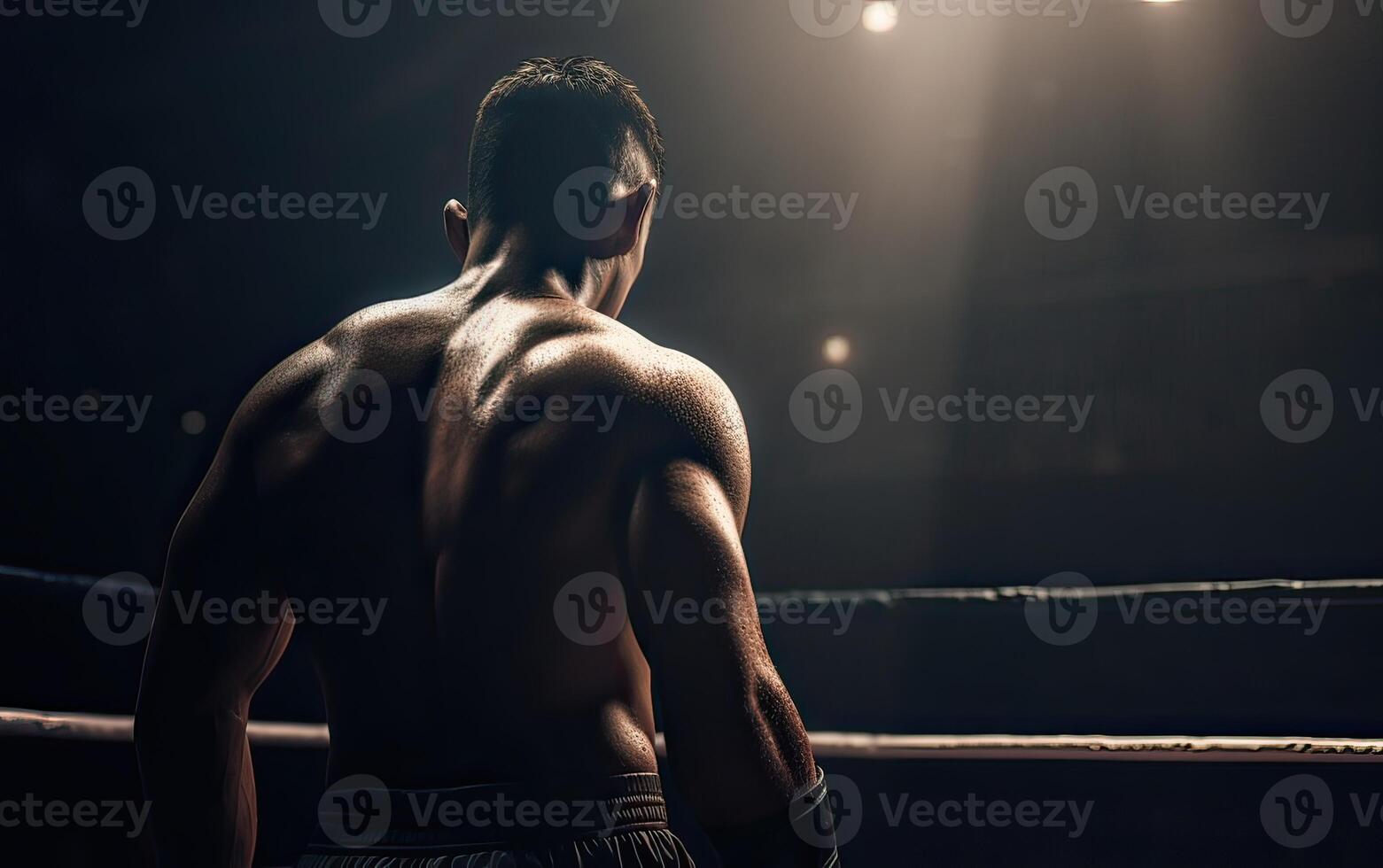 boxning mästare stående på arena. bak- se av bar överkropp man i boxning handskar. muskulös bygga begrepp. generativ ai. foto