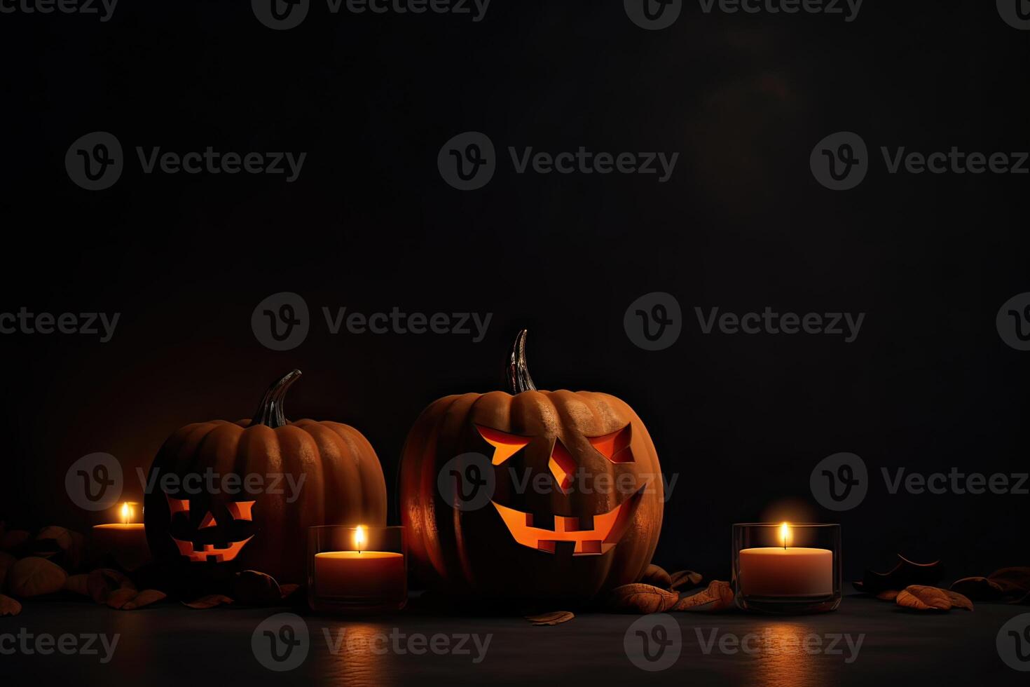 läskigt halloween pumpa, domkraft o lykta, med ett ondska ansikte och ögon på en trä- bänk, tabell med en dimmig natt bakgrund med Plats för produkt placering. generativ ai. foto