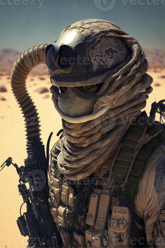 soldat bär en gas mask och innehav en maskin pistol. generativ ai. foto