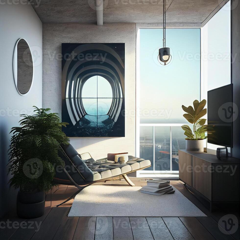 levande rum fylld med möbel och en målning. generativ ai. foto