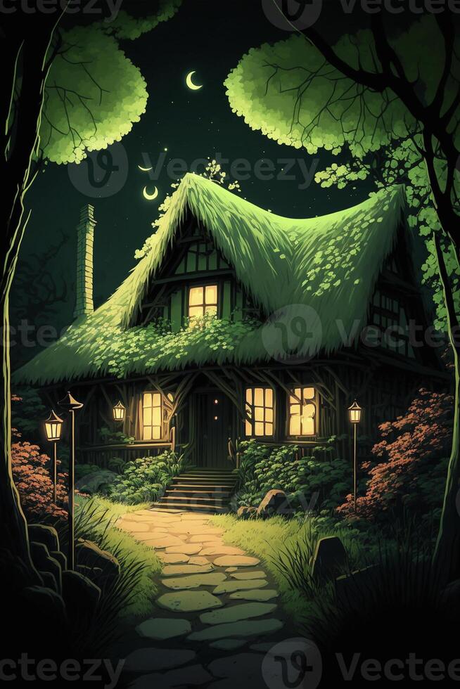 hus i de mitten av en skog på natt. generativ ai. foto