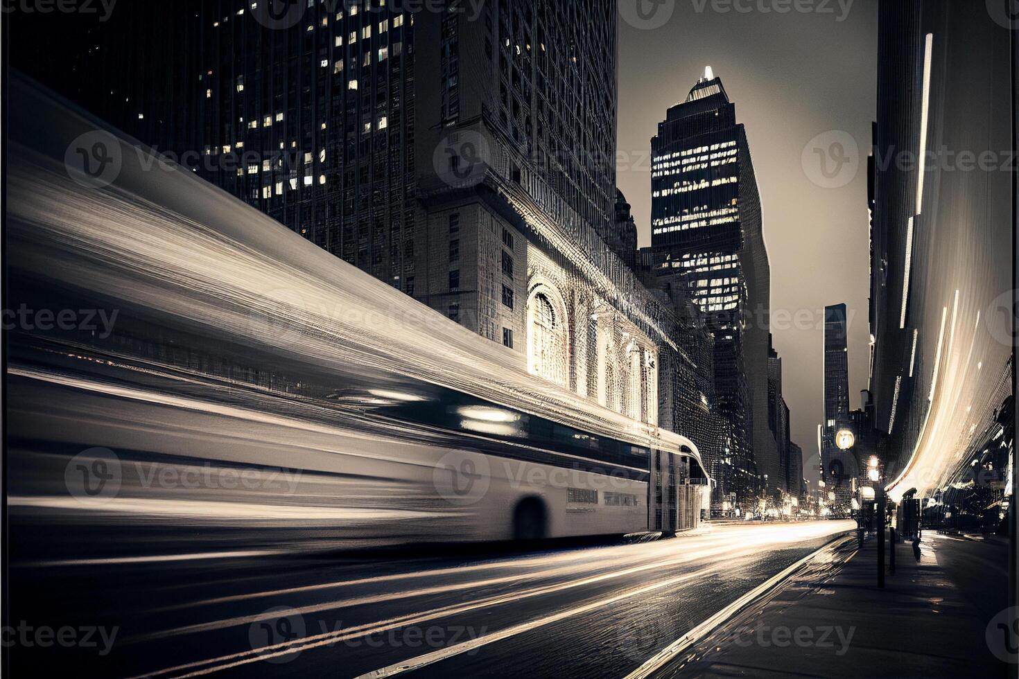 buss körning ner en stad gata Nästa till lång byggnader. generativ ai. foto