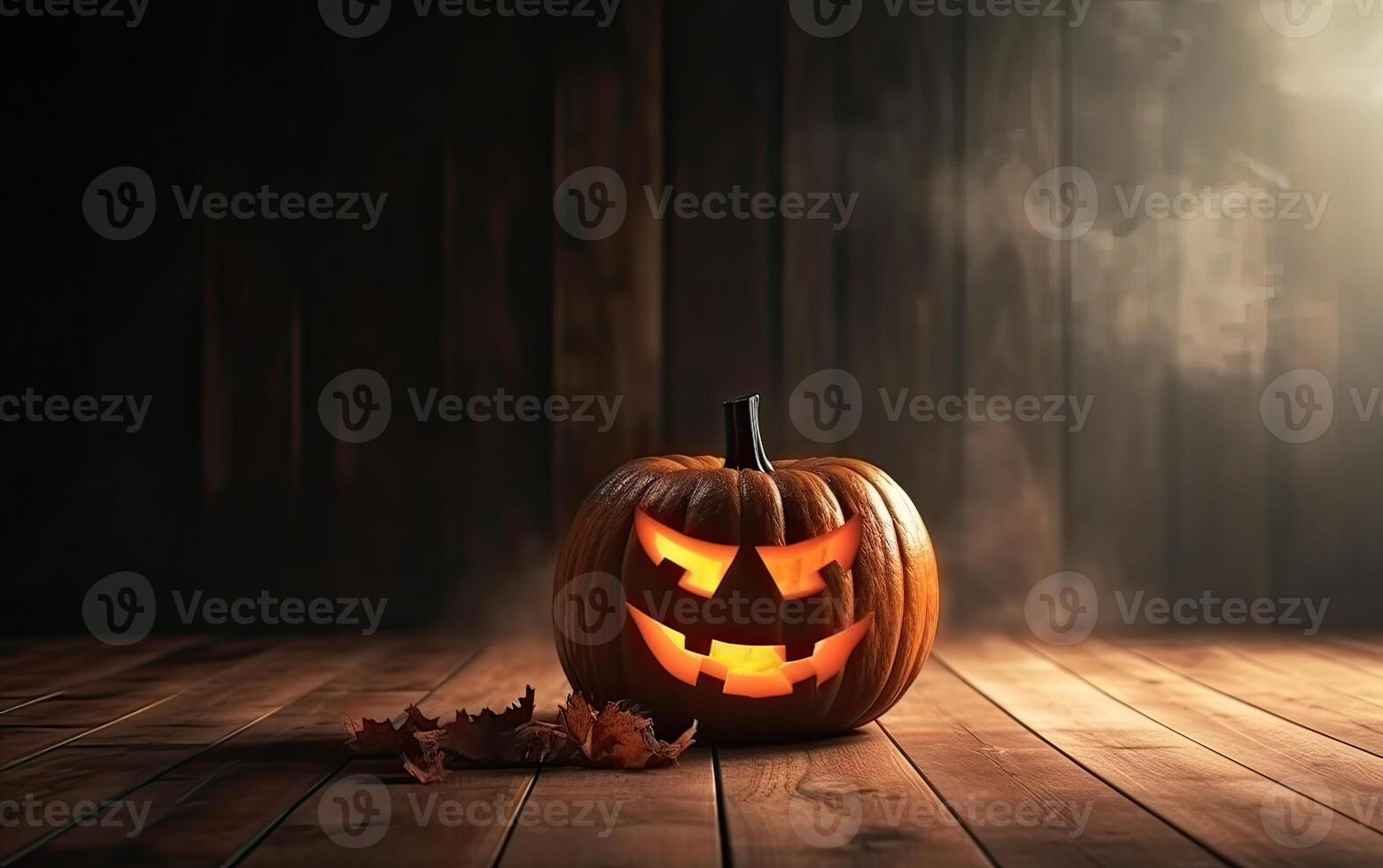 läskigt halloween pumpa, domkraft o lykta, med ett ondska ansikte och ögon på en trä- bänk, tabell med en dimmig natt bakgrund med Plats för produkt placering. generativ ai. foto