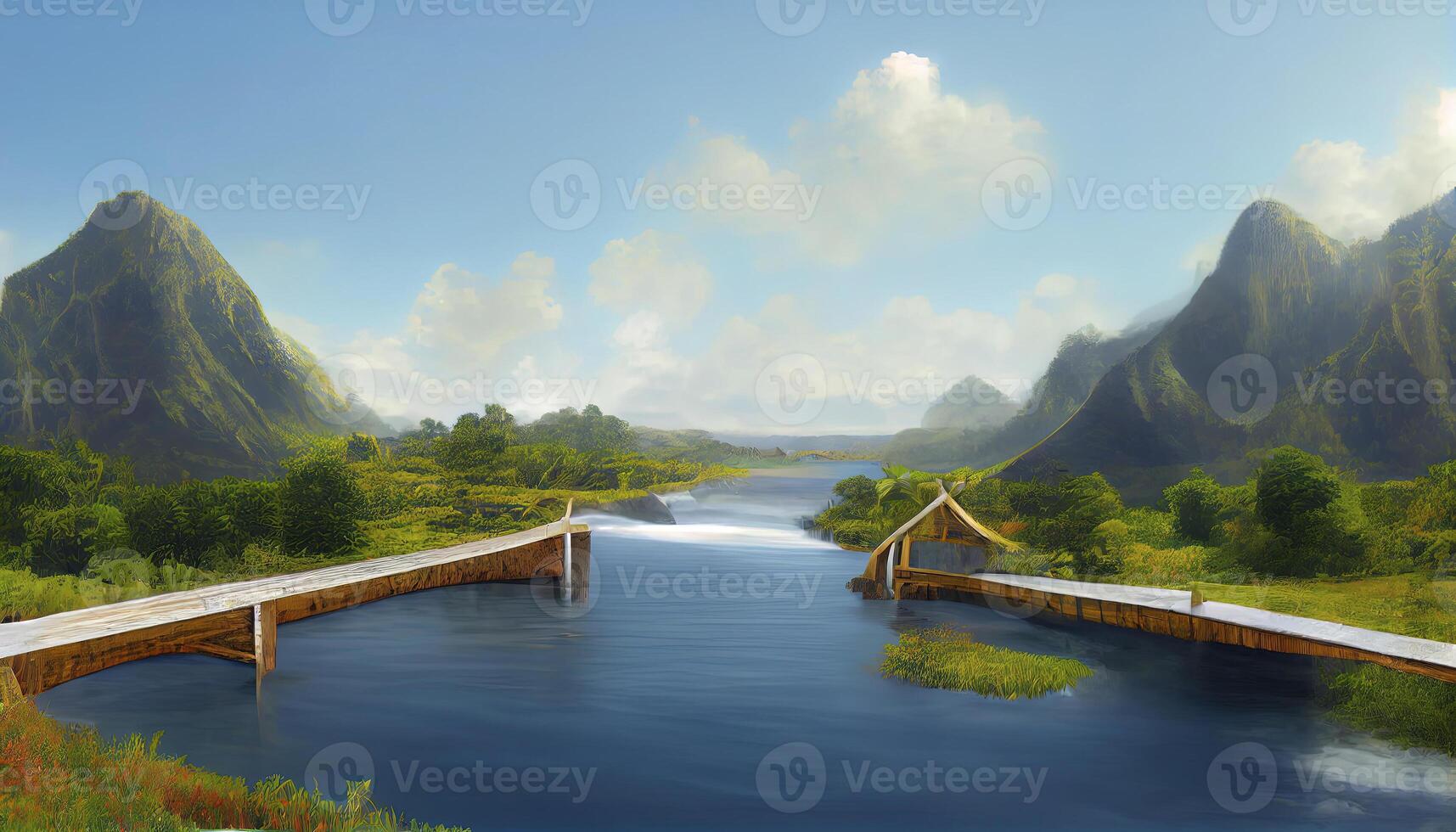 tropisk se med vattenfall, sjö, fågel, vit häst och trä bro. generativ ai foto