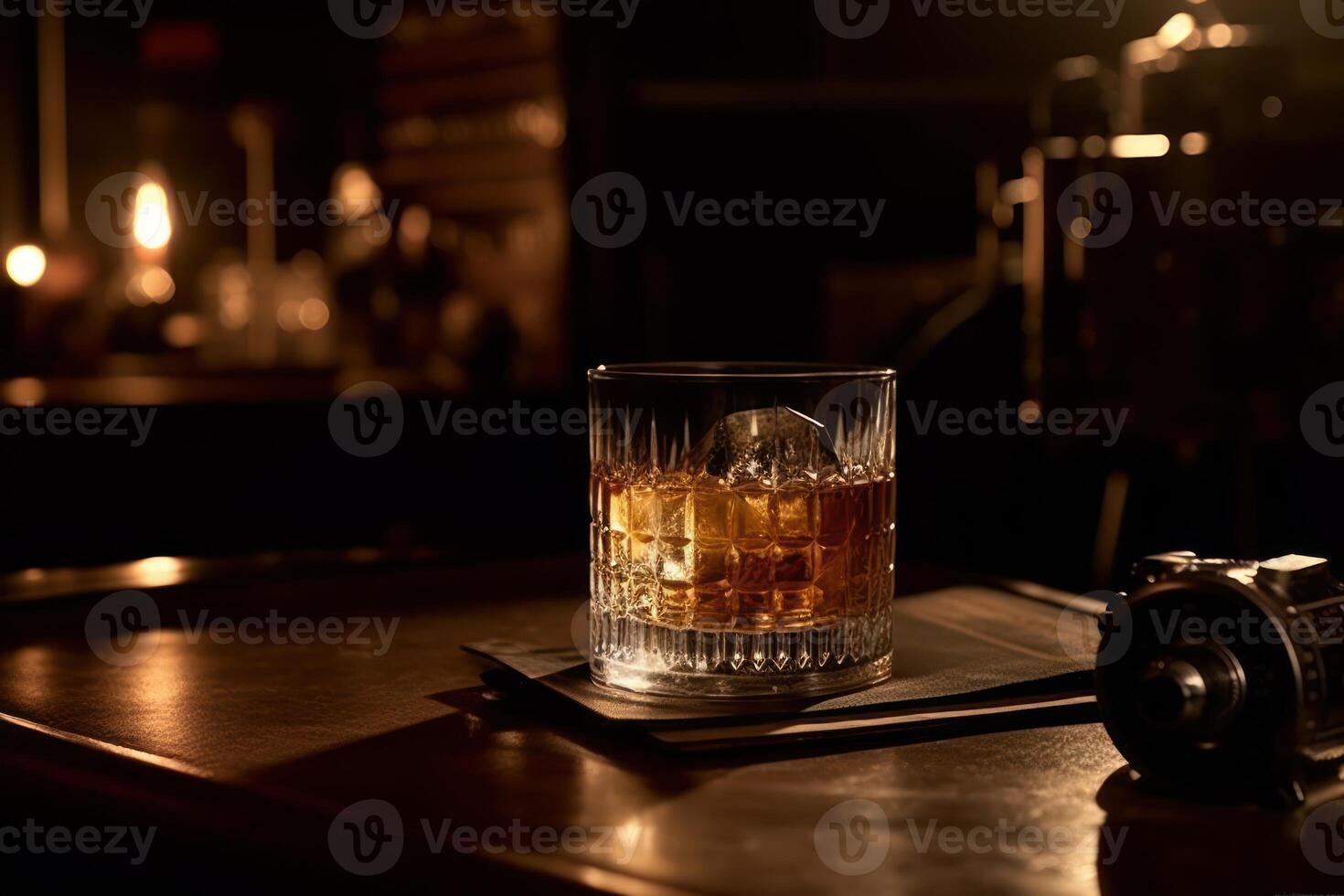 rik whisky i en glas, redo elegant på en trä- tabell. generativ ai foto