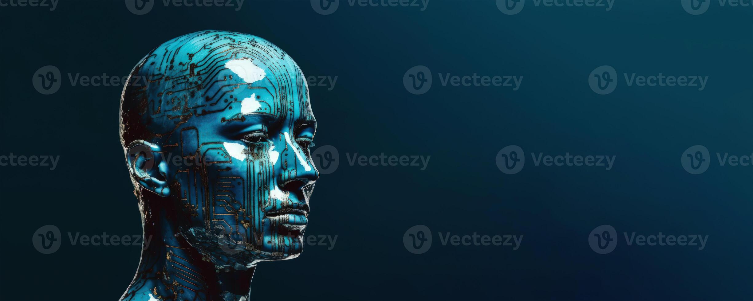 trogen humanoid robot exemplifierar på blå bakgrund skärande kant artificiell intelligens teknologi begrepp. generativ ai foto