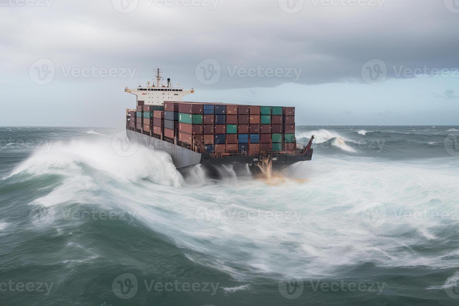 förstört frakt fartyg med containrar i stormig hav med stor vågor. generativ ai foto