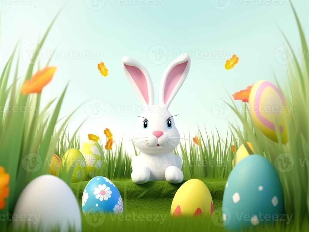 påsk dag affisch, söt kanin karaktär, dekorerad med landskap och påsk ägg. generativ ai foto