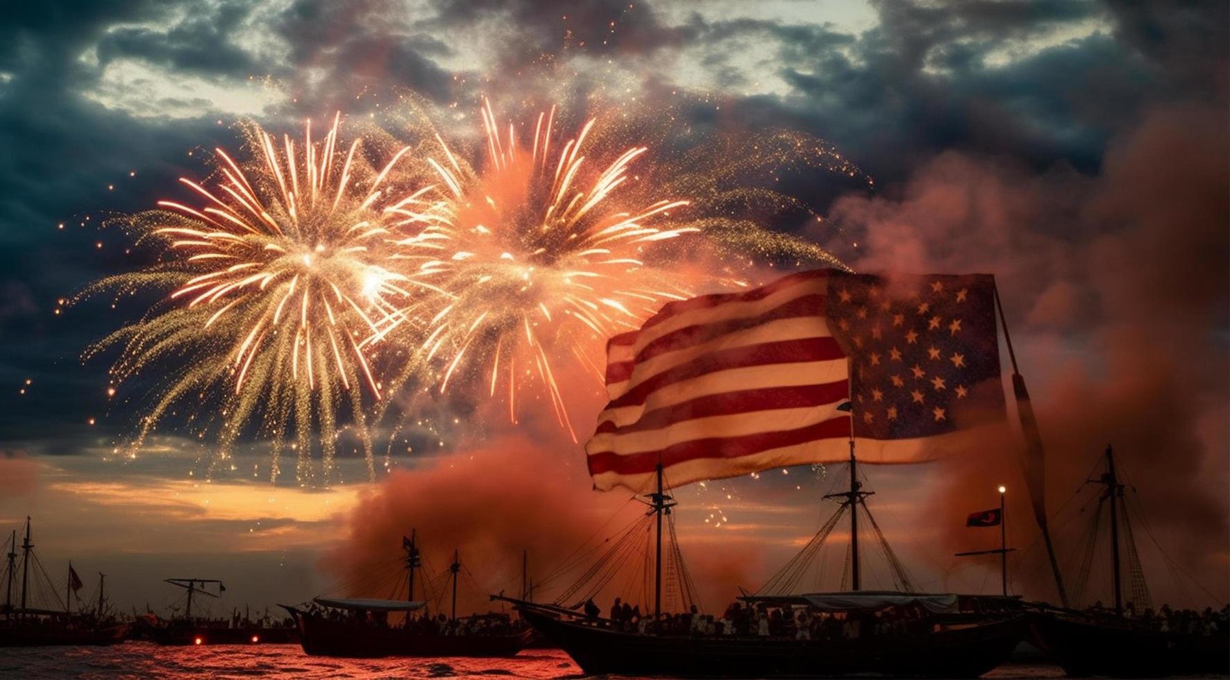 bakgrund se av en knippa av båtar vinka amerikan flagga och fyrverkeri, USA oberoende dag firande begrepp, generera ai foto