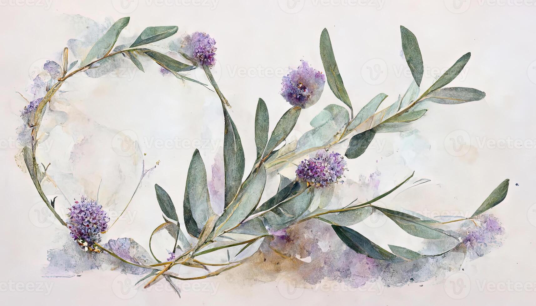Fantastisk lavendel- blommor och eukalyptus grenar isolerat på vit, blommig krans, vattenfärg illustration. generativ ai foto
