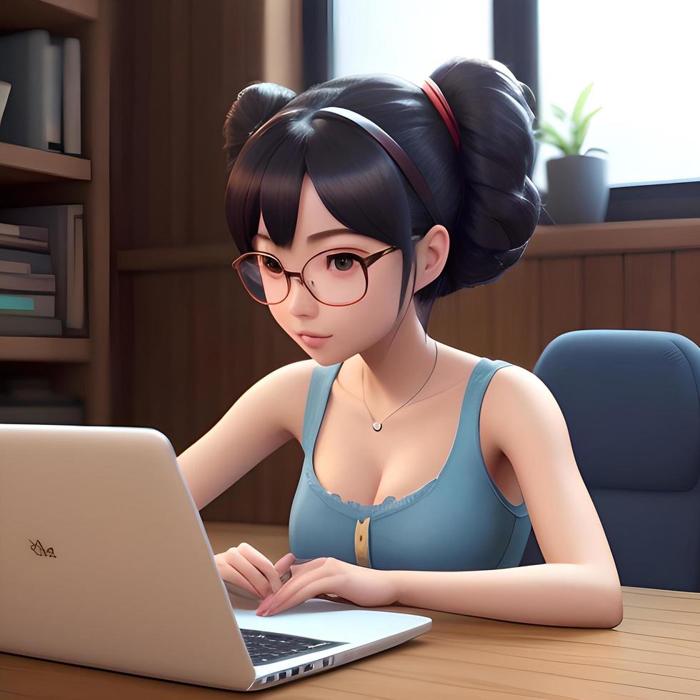 en söt flicka arbetssätt på dator i tecknad serie stil foto