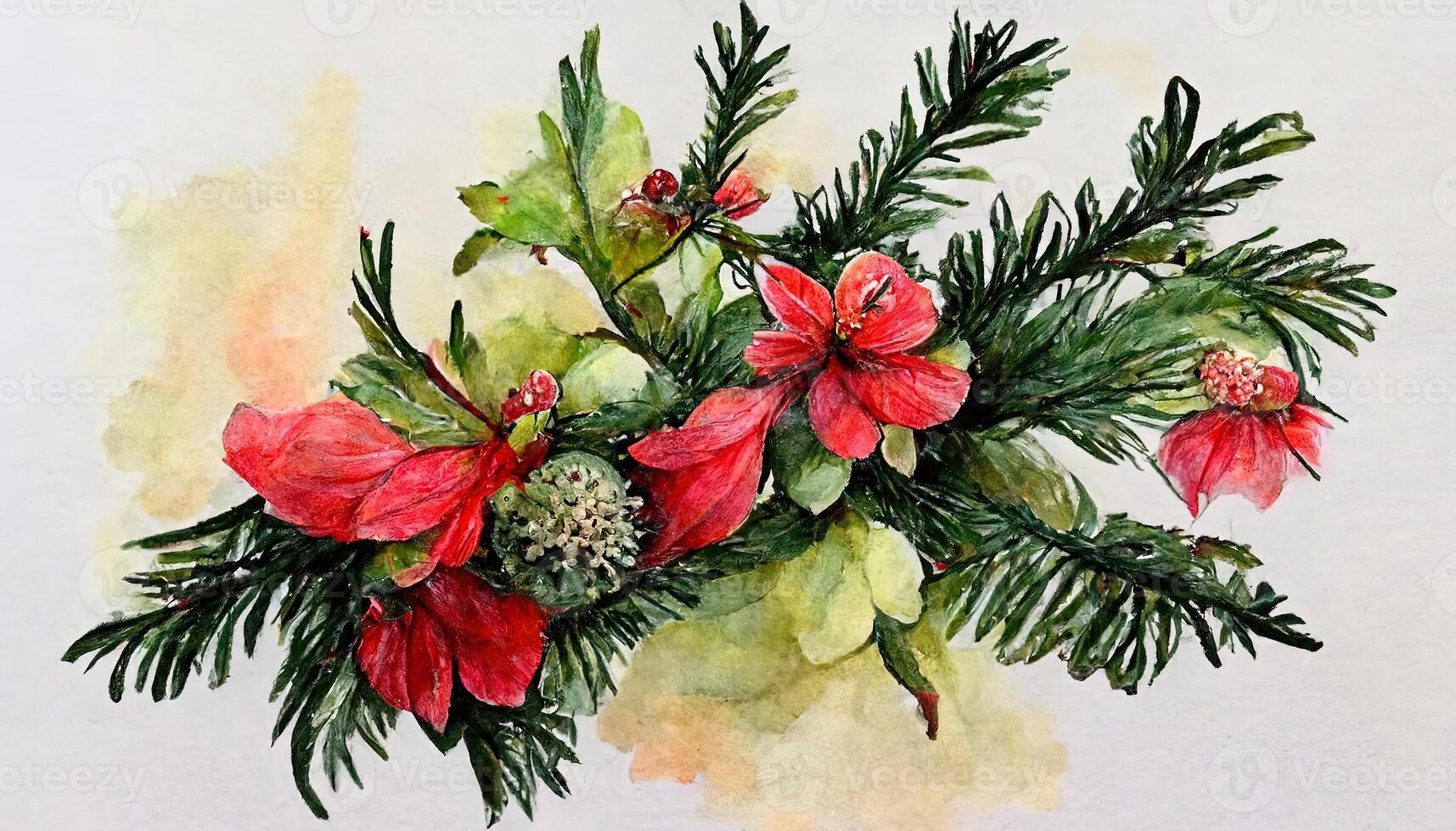 vattenfärg jul blommig bukett, hand dragen botanisk vinter- växter, julstjärna blomma. generativ ai foto