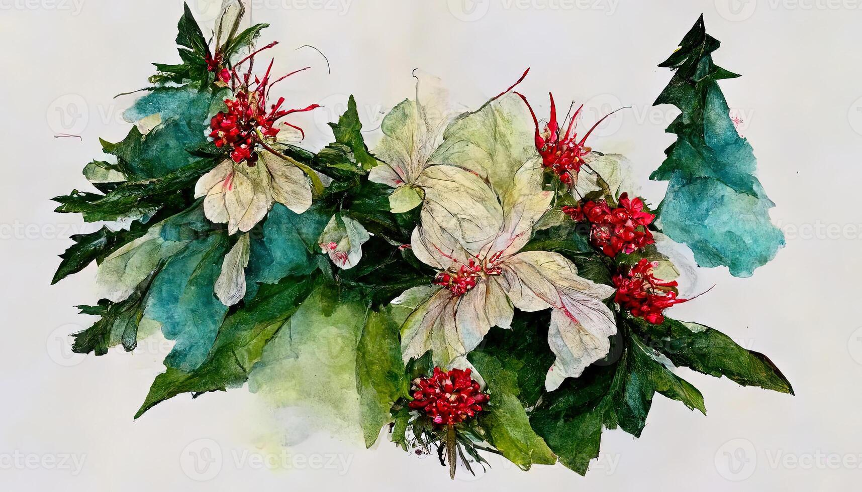 vattenfärg jul blomma arrangemang röd blomma växt. hand dragen vinter- buketter. generativ ai foto