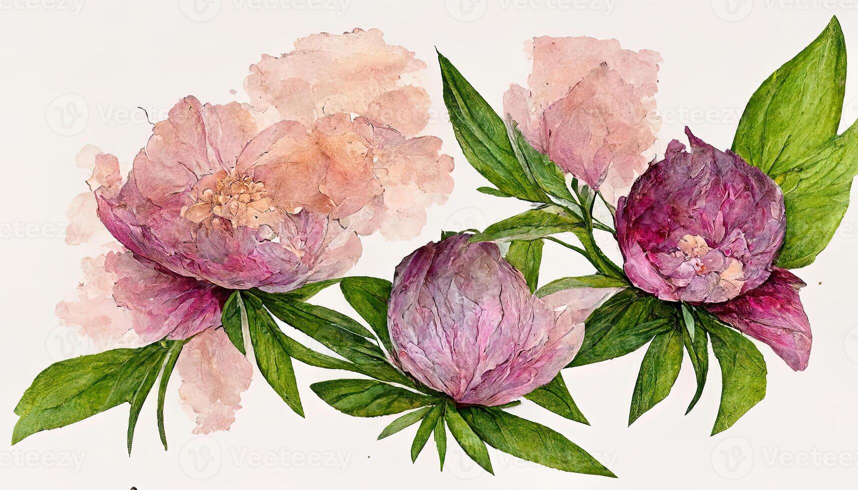 vattenfärg blommor ClipArt, rosa pion, reste sig blomma, hortensia och eukalyptus löv. generativ ai foto