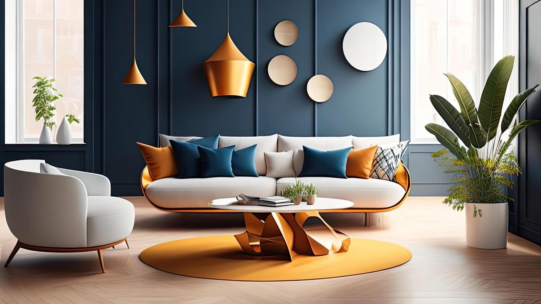 modern levande rum interiör med blå väggar, trä- golv, vit soffa och runda kaffe tabell. ai genererad foto