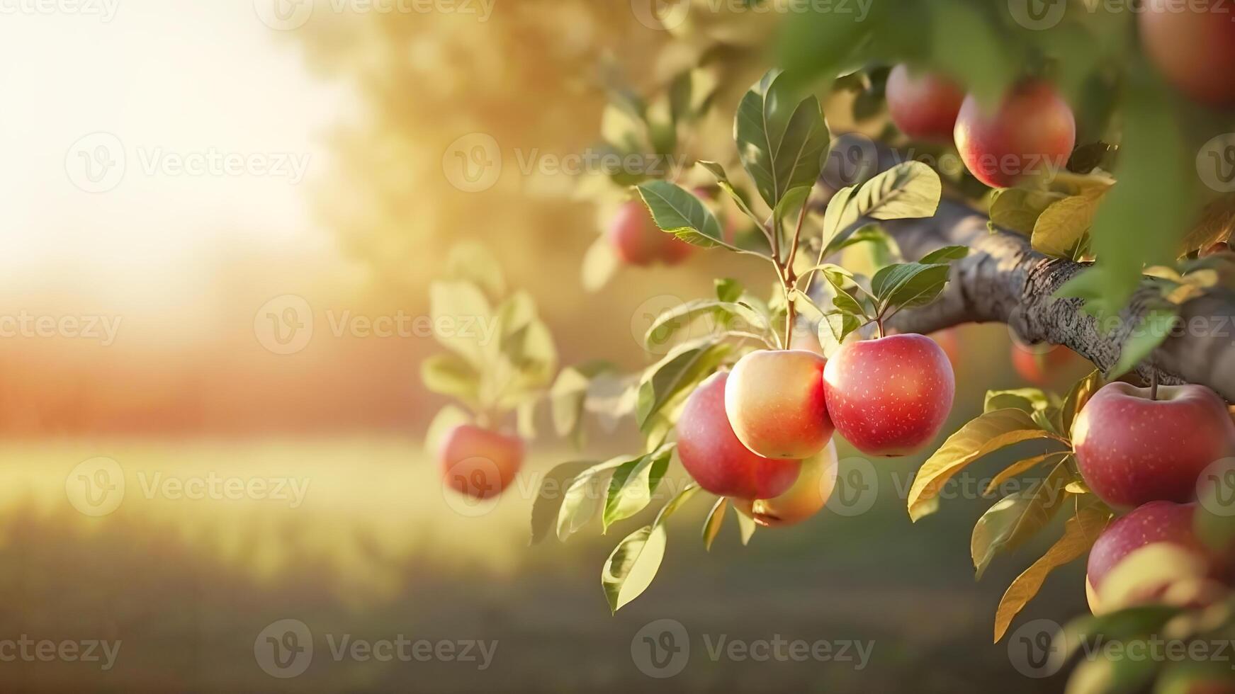 frukt bruka med äpple träd. gren med naturlig äpplen på suddig bakgrund av äpple fruktträdgård i gyllene timme. begrepp organisk, lokal, säsong frukt och skörd. generativ ai foto