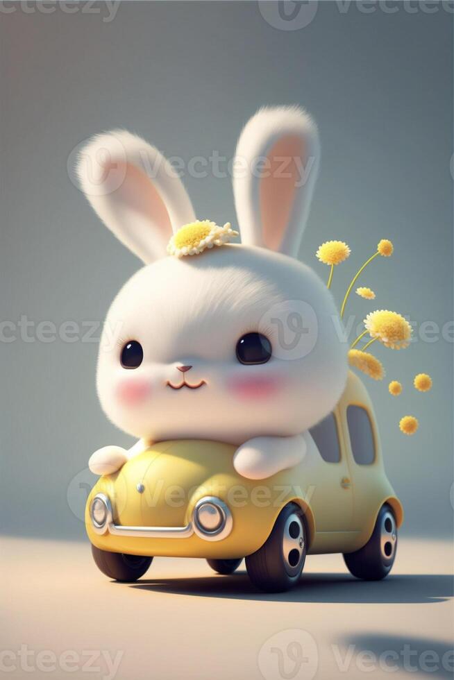 vit kanin Sammanträde på topp av en gul bil. generativ ai. foto