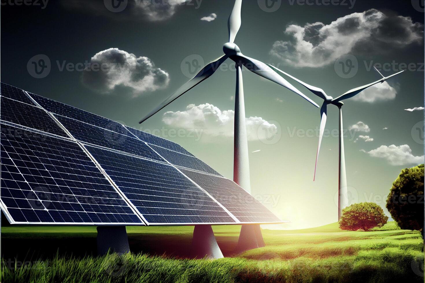 sol- paneler och vind turbiner i en fält. generativ ai. foto