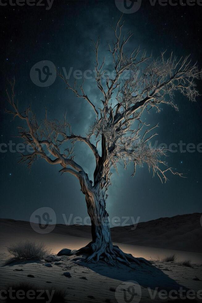 ensam träd i de mitten av en öken- på natt. generativ ai. foto