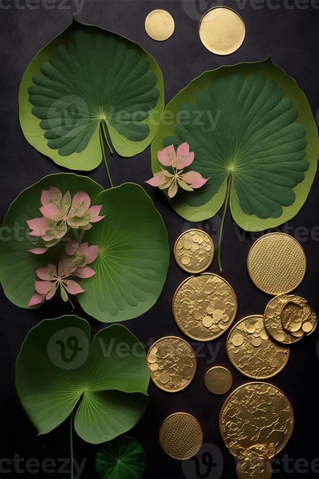 knippa av guld mynt Sammanträde på topp av en grön blad. generativ ai. foto