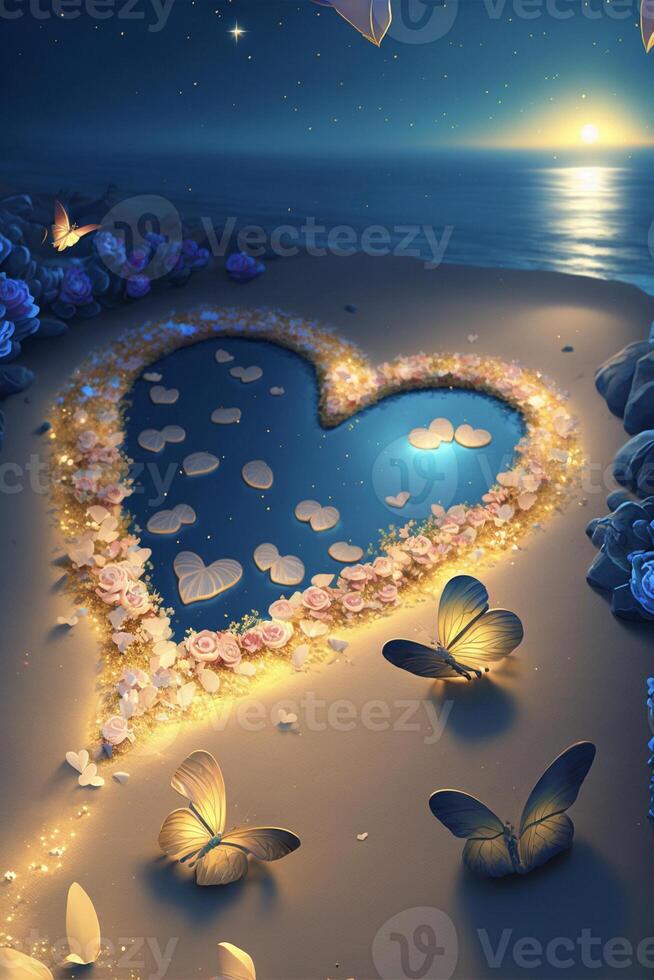 hjärta tillverkad ut av blommor och fjärilar på en strand. generativ ai. foto