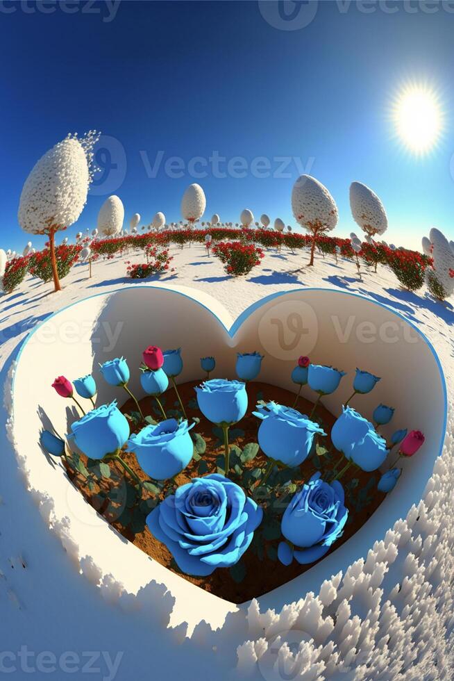 hjärta formad skål fylld med blå blommor. generativ ai. foto
