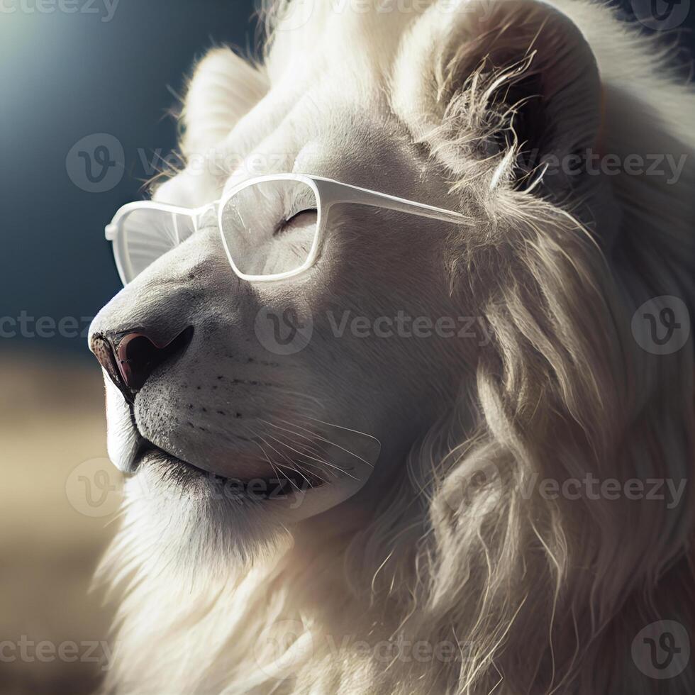 stänga upp av en vit lejon bär glasögon. generativ ai. foto