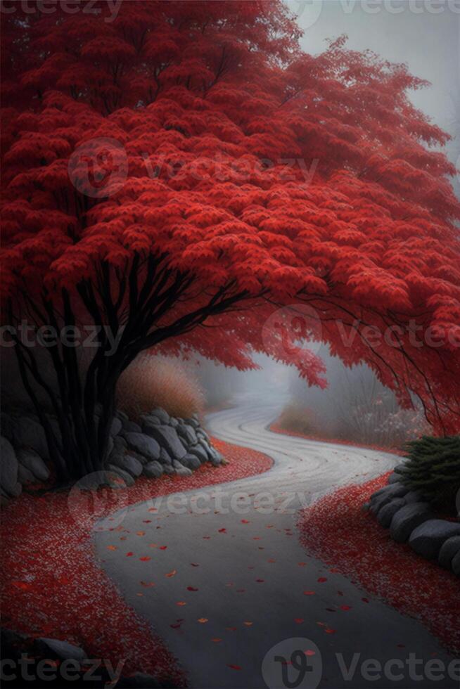 röd träd Sammanträde på de sida av en väg. generativ ai. foto