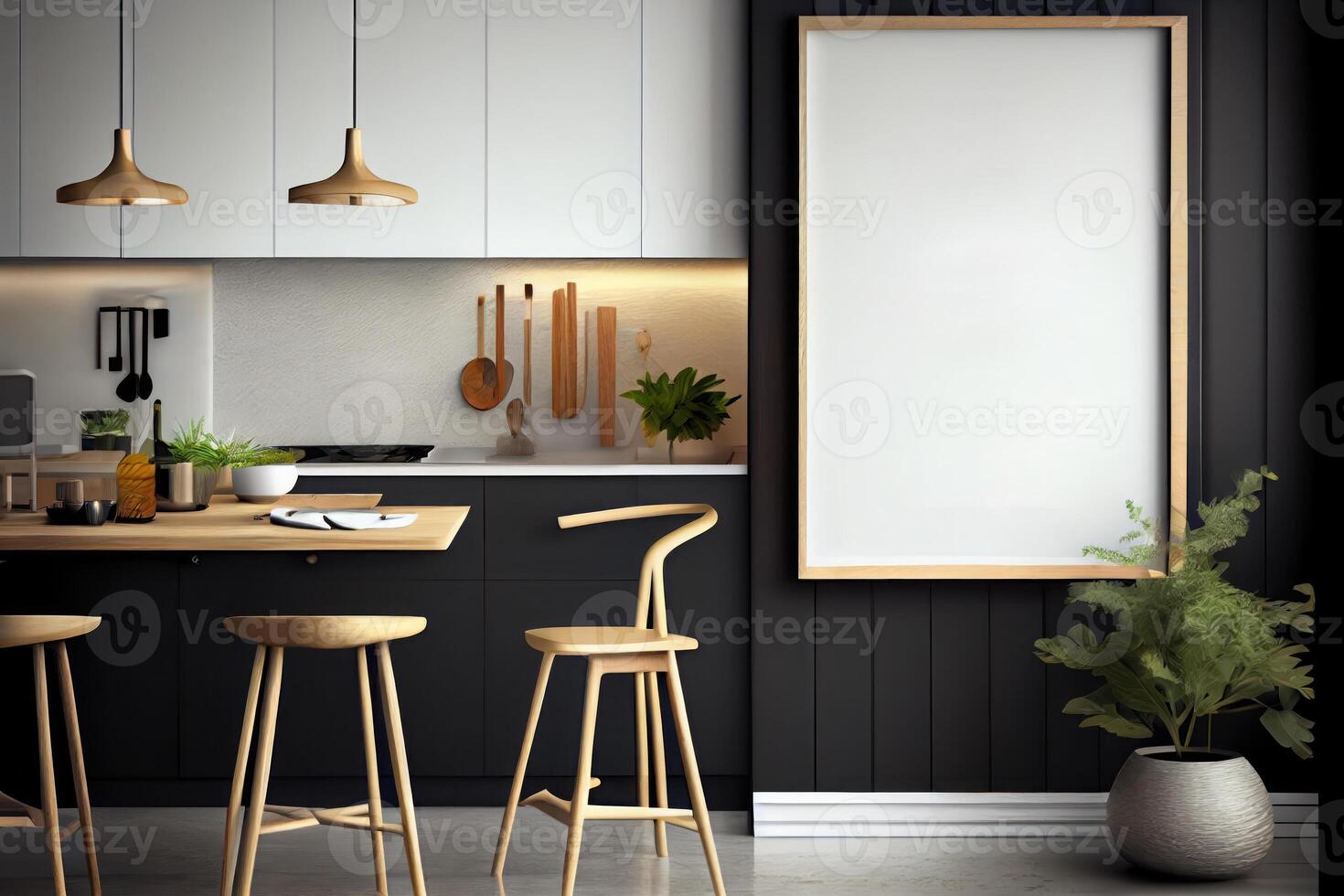 attrapp affisch ram på de vägg av levande rum med kök och dining rum. lyxig lägenhet bakgrund med samtida design. modern interiör design . ai genererad foto