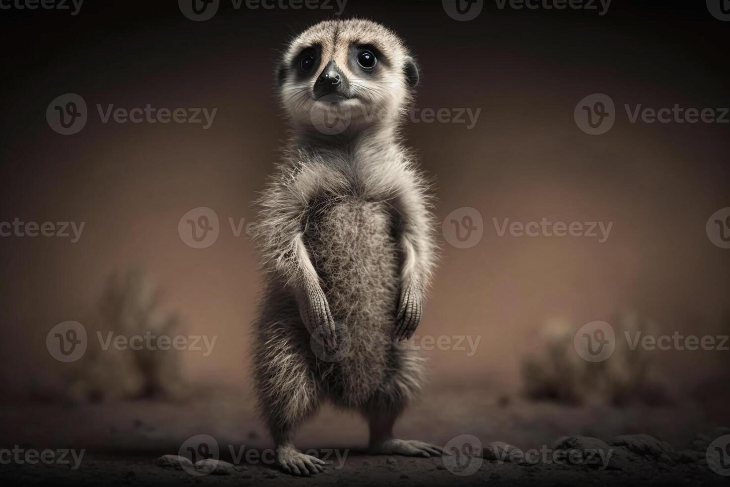 en nyfiken meerkat stående upprätt, ser runt om med dess främre tassar hölls ut i främre av Det. ai genererad foto