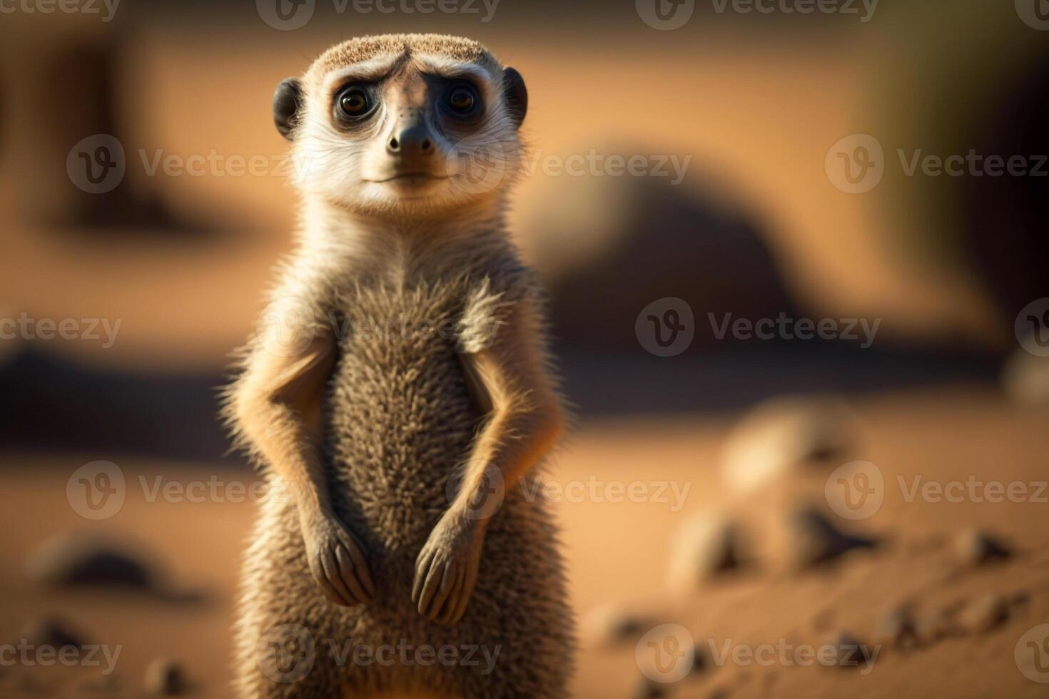 en nyfiken meerkat stående upprätt, ser runt om med dess främre tassar hölls ut i främre av Det. ai genererad foto