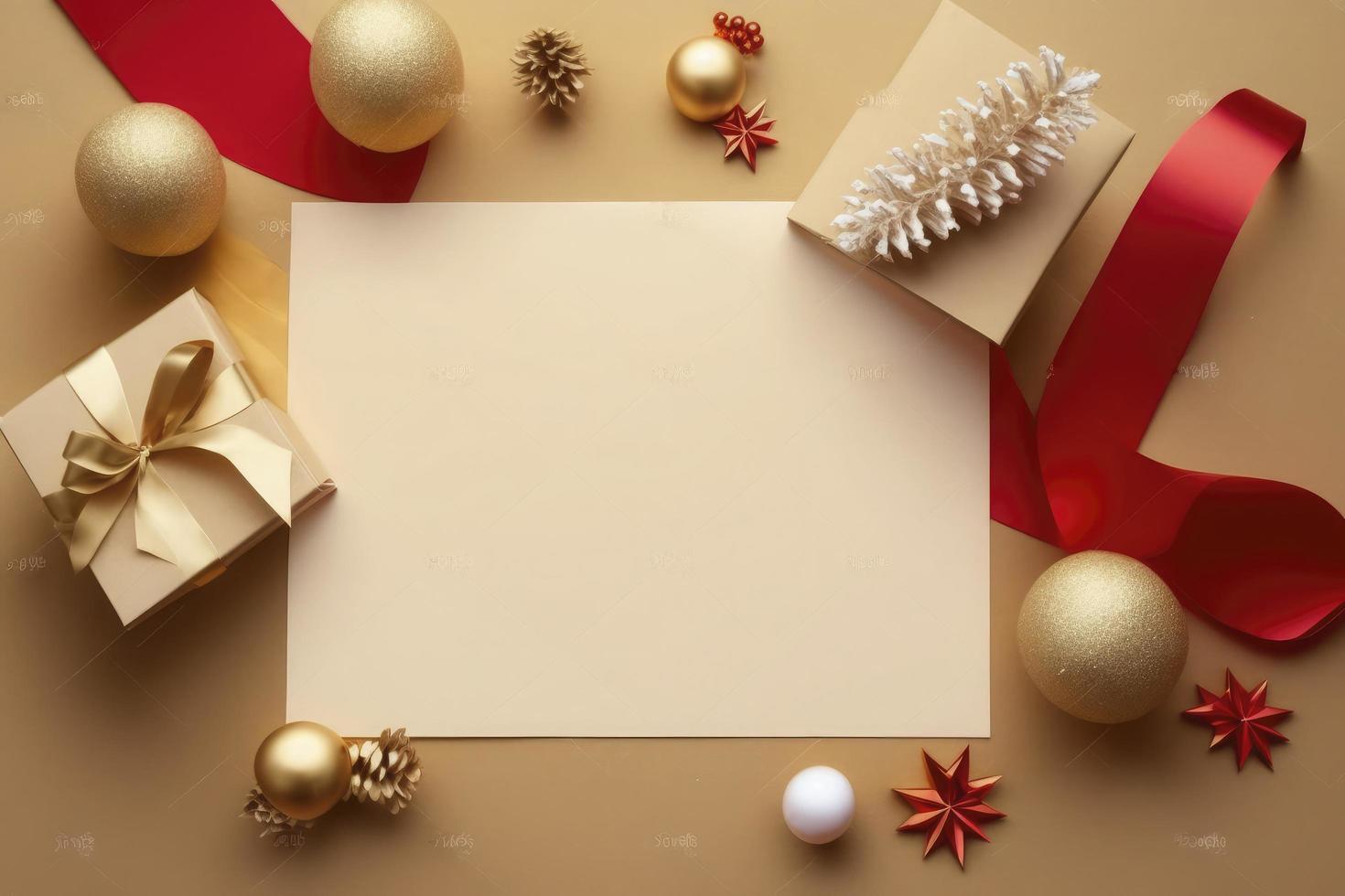 tömma papper tom för jul eller ny år hälsning kort. gåva lådor, Semester dekorationer på gyllene bakgrund topp se. platt lägga stil. stock Foto jul, brev, generera ai